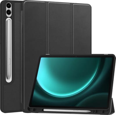 Hoesje Geschikt voor Samsung Galaxy Tab S9 FE Plus - Dun & Stevig - Trifold Bookcase - Hard Cover Case - Met Uitsparing Geschikt voor S Pen - Hardcover Book - Tablet Hoes - Zwart