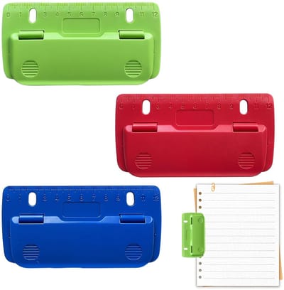 Perforator, Draagbare Mini-Perforator voor Etikettenbinding, met LiniaalreliëF, Klein en Plat, Ideaal voor School, Kantoor en Thuis, voor Mappen, Papier, Foto's (Blauw, Rood, Groen)