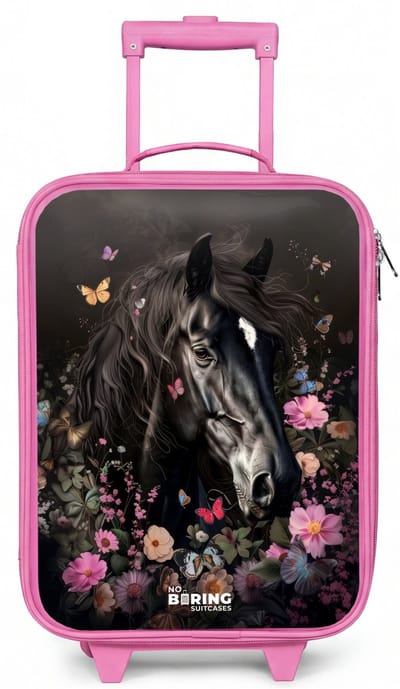 NoBoringSuitcases.com® - Kinderkoffer roze - Kindertrolley meisje - Zwart paard in bloei - Koffer kind lichtgewicht - Reiskoffer trolley voor kinderen - Koffertje met lichtgevende wieltjes - Rolkoffer