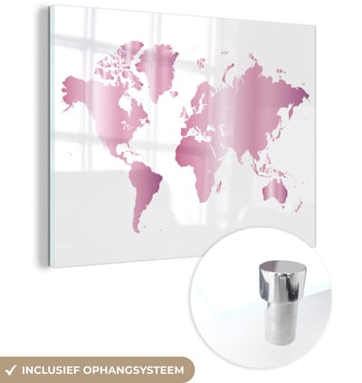 ® Glasschilderij 120x90 cm - Schilderij acrylglas - Wereldkaart - Roze - Glans - Foto op glas - Muurdecoratie woonkamer - Wanddecoratie slaapkamer - Schilderijen
