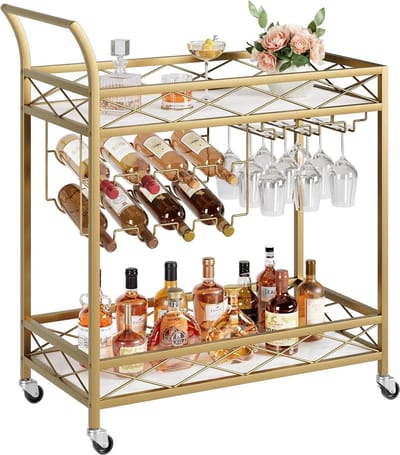 Luxe Gouden Serveerwagen op Wielen - Bartrolley met Wijnrek & Glazenhouder - Keukentrolley 2 Lagen - 80x39x92 cm