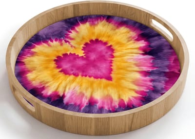 Dienblad rond 40x40 cm - Schootdienblad hout - Tie dye - Hartvorm - Vlammen - Oranje - Borrelplank rechthoek - Plateau houten dienbladen