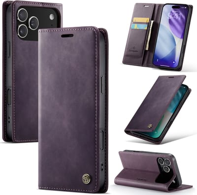 Casemania Hoesje Geschikt voor Apple iPhone 17 Pro - Dark Purple - Luxe Kunstleer Dunne Telefoonhoesje met Pasjeshouder en Standaardfunctie - Slim Wallet Case - Paars
