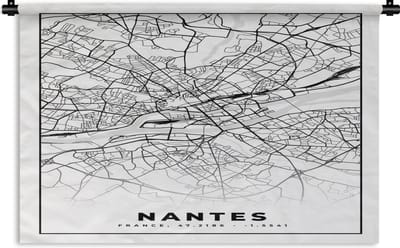 Wandkleed - Wanddoek - Stadskaart - Plattegrond - Nantes - Kaart - Frankrijk - Zwart wit - 180x120 cm - Wandtapijt