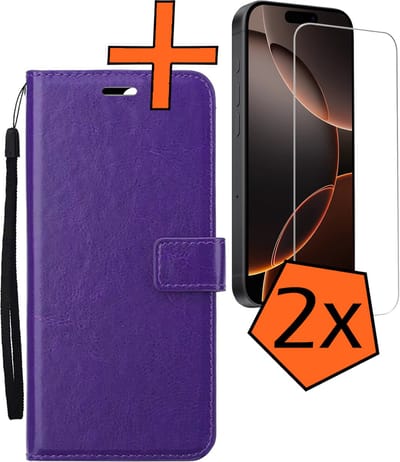 Hoes - Met 2x Screenprotector - Geschikt voor Apple iPhone 16 Pro - Luxe Pasjeshouder - Bookcase Portemonee - Flip Case - Kunstleer Book Case - Flipcase Hoes - Book Cover - Walletcase - PortemonneeHoes - Paars