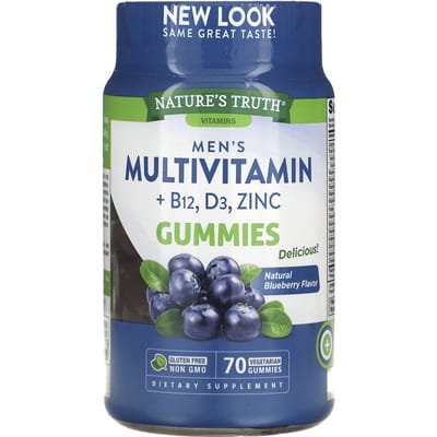 Nature's Truth, multivitamine voor mannen + B-12, D3, zink, natuurlijke blauwe bes, 70 plantaardige gummies