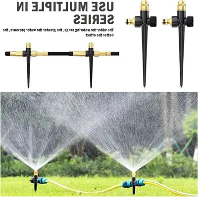 Verstelbare tuinsproeier met 4 cirkelvormige boogsproeiers en 2 metalen pinnen voor optimale irrigatie van gazon en tuin, zwart