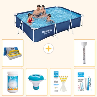 Bestway Rechthoekig Steel Pro Zwembad - 300 x 201 x 66 cm - Blauw - Inclusief Chloor - Chloordrijver - Testrips - Reparatiesetje - Scrubborstel - Thermometer - 7-delig