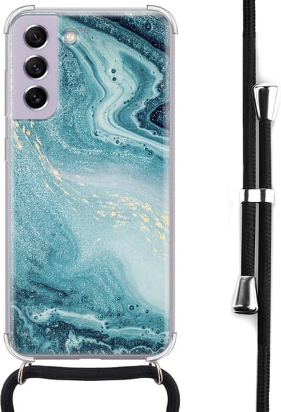 Hoesje met koord - Geschikt voor Samsung Galaxy S21 FE - Marmer blauw - Verstelbaar zwart koord - Crossbody - Marmer - Transparant, Blauw - Leuke Telefoonhoesjes
