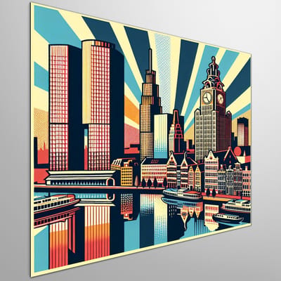 Pop art rotterdam schilderij | Rotterdamse pop art: bruisend stadsleven in kleurrijke kunst verbeeld | Kunst - 60x60 centimeter op Dibond | Foto op Dibond