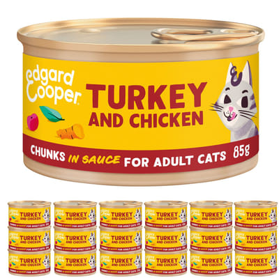 Edgard & Cooper Kattenvoer Graanvrij Natvoer voor Katten Gesteriliseerde of Actieve Kat Natuurlijke Stukjes in Saus 85g x 18 Verse Kalkoen & Kip, Smakelijk en Uitgebalanceerd, Vers Vlees