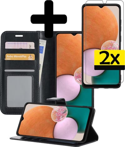 Hoesje - Met 2x Screenprotector - Geschikt voor Samsung Galaxy A13 5G - Luxe Pasjeshouder - Bookcase Portemonee - Flip Case - Kunstleer Book Case - Flipcase Hoes - Book Cover - Walletcase - Portemonneehoes - Telefoonhoesjes - Zwart