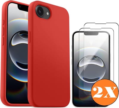 Hoesje geschikt voor iPhone 16e / iPhone 17e Hoesje siliconen Rood zacht siliconen hoesje TPU - met Screenprotector iPhone 16e / iPhone 17e Gehard Glas - 2 stuks