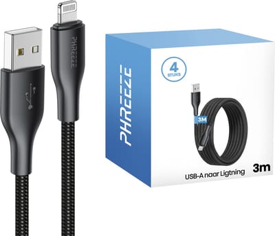 Usb naar geschikt voor Lightning kabel - 3 meter - 4 pack - Zwart - Phreeze