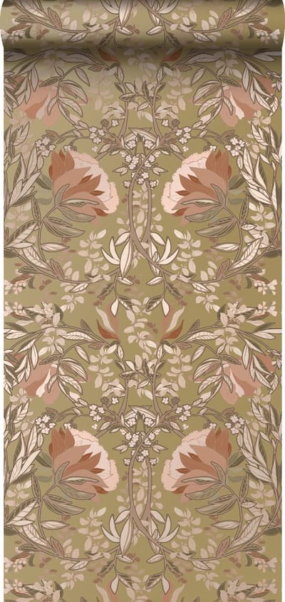 ESTAhome behang vintage bloemen in art nouveau stijl goud en terracotta roze - 53 cm x 10.05 m - 139568