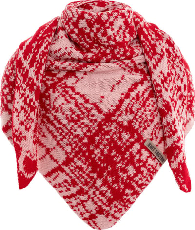 Knit Factory Lea Gebreide Omslagdoek - Driehoek Sjaal Dames - Dames sjaal - Wintersjaal - Stola - Wollen sjaal - Rood/roze gemelêerde sjaal - Bright Red/Blossom Pink - 190x85 cm - Inclusief sierspeld