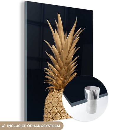MuchoWow® Glasschilderij 120x160 cm - Schilderij acrylglas - Ananas - Goud - Verf - Zwart - Fruit - Luxe - Foto op glas - Schilderijen