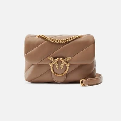 PINKO Leren schoudertas Love Puff Mini CL Sheep Nappa Quilt Brown - Lion - Antique Gold Lichtbruin