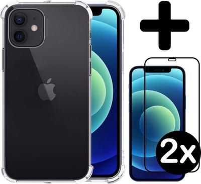 Hoesje - Met Screenprotector - 2 Stuks - Geschikt voor Apple iPhone 12 - Sterk & Shockproof - Back Cover - Siliconen Case - Telefoon Hoes - Shock Proof - Telefoonhoes - Transparant