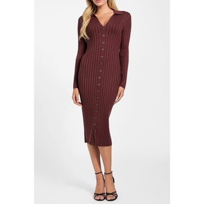 GUESS Ls Vn Rib Miranda Sw Pure Choco Taglia: L | Maxi abiti Outlet | Donna