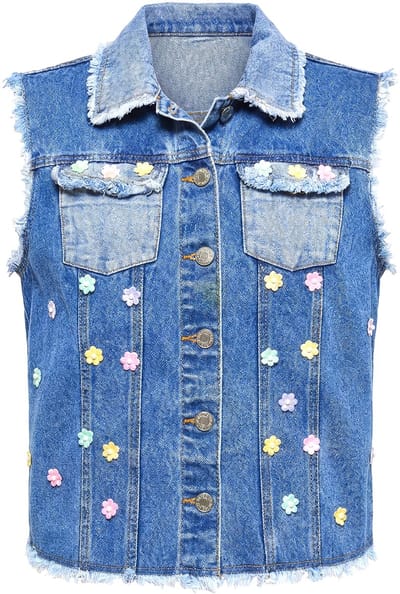 MIAMODA - Dames - Gilet van denim Loose Fit bloemenapplicaties - Blauw denim - Maat 50