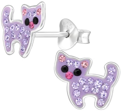 Joy|S - Zilveren kat poes oorbellen - 9.5 x 8.3 mm - paars roze met kristalletjes - kinderoorbellen