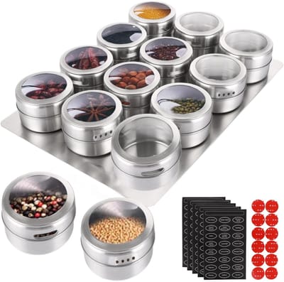 Dailygoods- Kruidenpotjes 12 Stuks Magnetisch - Roestvrij Staal - Wandbasis - Etikettenstickers - Praktisch Ontwerp - 6,5 x 4 cm - Specerijpotjes