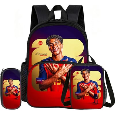 Leer, Reis Voetbalster Schooltas L-Lamin Yamal 3 Delige set met Voorvak Rugzak Lunchtas, Etui, Sport Rugzak
