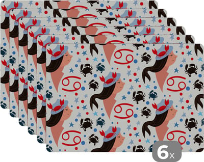 Placemat - Placemats kunststof - Zodiac - Kreeft - Patroon - 45x30 cm - 6 stuks - Hittebestendig - Anti-Slip - Onderlegger - Afneembaar