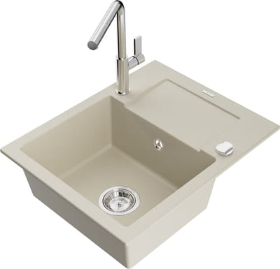 Mexen Enzo granieten gootsteen 1-komers met druiprek en keukenkraan Flora, beige - 6506-69-670401-00