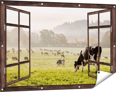 Gards Tuinposter Doorkijk Zwart Witte Koeien in de Wei - 120x80 cm - Tuindoek - Tuindecoratie - Wanddecoratie buiten - Tuinschilderij