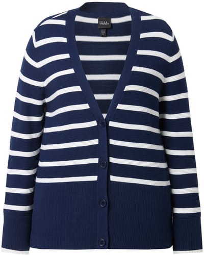 Ulla Popken - Dames - Vest strepen V-hals lange mouwen - Inktblauw - Maat 42+