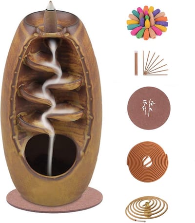 LotaHome - Wierook Waterval - Wierookbrander - Wierook Houder - Complete set - Cadeau - Inclusief 120 Geur Kegels, 30 Wierook Stokjes, 40x Wierook Spiraal, 1 Onderlegger, 1 Spiraal Houder - Aromatherapie - Kegelbrander Houder - Geur Brander - Bruin