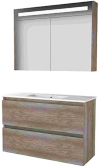 Basic-Line Premium 39 Badkamermeubelset - Ondiep - 100 x 39 cm - Greeploos - 2 Lades - Keramische Wastafel - 1 Kraangat - Spiegelkast met LED Verlichting - Scotch Oak
