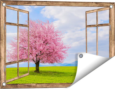 Gards Tuinposter Doorkijk Roze Sakura Bloesem Boom in het Groene Veld - 60x40 cm - Tuindoek - Tuindecoratie - Wanddecoratie buiten - Tuinschilderij