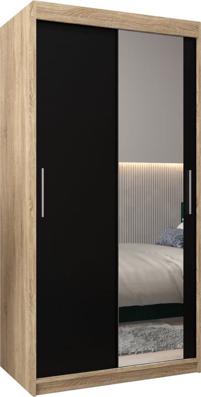 InspireMe - Kledingkast met 2 schuifdeuren, Modern-stijl, Kledingkast met planken (BxHxD): 100x200x62 - TORM II 100 Sonoma Eik + Zwart Mat