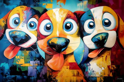 John Joseb Art (Aluminium) 90x60 | Gekke grappige honden, humor, kleurrijk, abstract, kunst, blauw, geel, bruin, rood, modern | foto-schilderij op dibond, metaal wanddecoratie