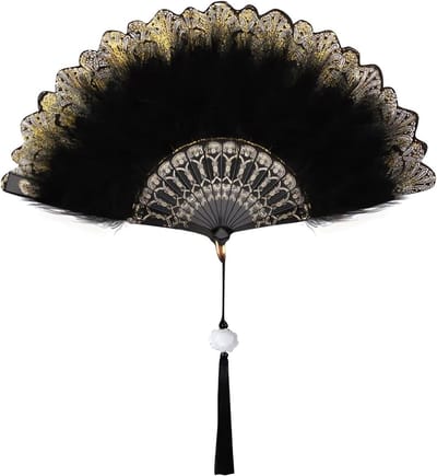 Vintage 1920s Hand Fan in Zwart - Elegante Pen Fan met Veertjes voor Halloween en Gatsby Kostuum Decoratie