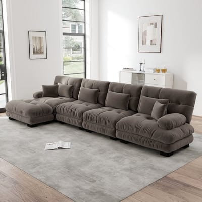 MODENUIT Hoekbank 4-Zits - Modulaire Opstelling Met Verplaatsbare Ottoman - Voor Woonkamer - Chenille - Bruin