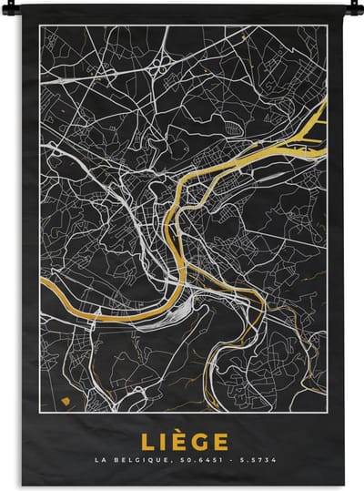 Wandkleed - Wanddoek - Kaart - Liège - Goud - Plattegrond - Stadskaart - 120x180 cm - Wandtapijt