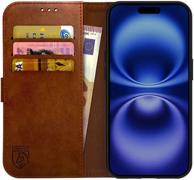 Rosso Element Geschikt voor Apple iPhone 16 Plus | Wallet Book Case | Portemonnee Hoesje | 3 Pasjes | Magneetsluiting | Stand Functie | Bruin