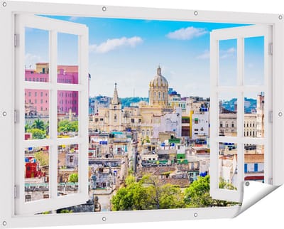 Gards Tuinposter Doorkijk Havana Stad in Cuba - 150x100 cm - Tuindoek - Tuindecoratie - Wanddecoratie buiten - Tuinschilderij