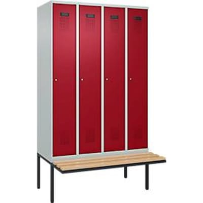 C+P Evolo Plus garderobekast, 4 vakken van elk 300 mm breed, zwevende bank, B 1200 x D 815 x H 2120 mm, cilinder, lichtgrijs/ruy rood