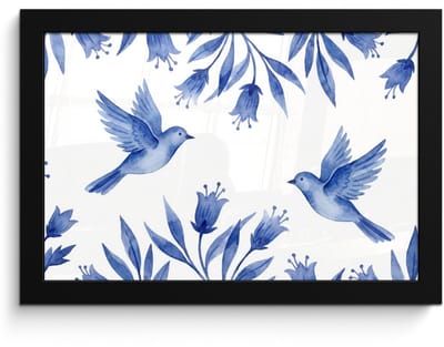Poster in lijst - Fotolijst 30x20 cm - Posters - Modern - Vogels - Delfts - Blauw - Posterlijst zwart - Decoratie - Wanddecoratie woonkamer - Muurdecoratie slaapkamer