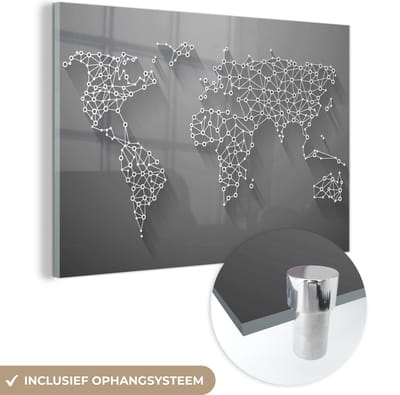 ® Glasschilderij 180x120 cm - Schilderij acrylglas - Wereldkaart - Lijnen - Blauw - Foto op glas - Muurdecoratie woonkamer - Wanddecoratie slaapkamer - Schilderijen