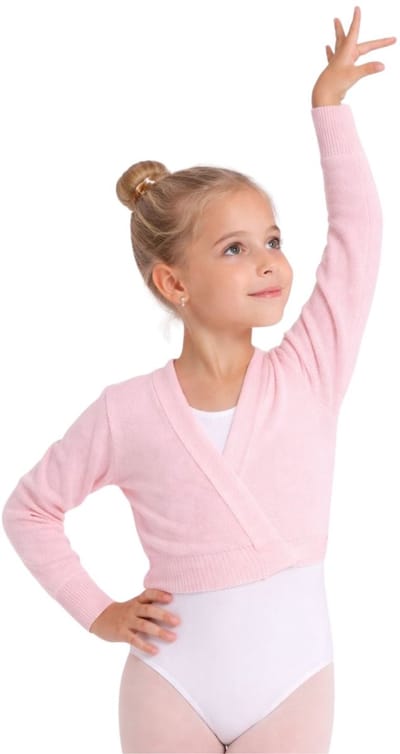 Dancer Dancewear® Balletvestje | Cross-over model | “Milano” | Zacht acryl | Roze | Met 7/8 mouwtjes | Maat 98/104 | ¾ jaar