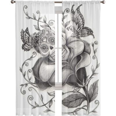 Bloemige Schedel Kunst Vlinder Doorzichtig Gordijn Voor Woonkamer Moderne Voile Tule Raambekleding Voor Slaapkamer Keuken Gordijnen 135W x 114H(cm) gray