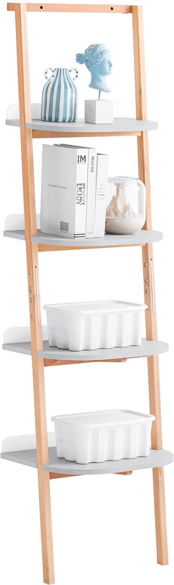 SoBuy Ladderplank, Boekenkast met 4 Niveaus, Opbergplank, Opbergmeubel op Poten, Wandboekenkast voor Kantoor, Woonkamer, Slaapkamer, Keuken, 44x39x169 cm, Grijs, HSTR02-K-HG