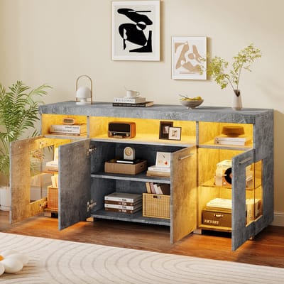 Sideboard - 140x40x70 cm cementgrijs - LED-verlichting & gehard glas - 3 opbergvakken - industrieel design - 80 kg belastbaar