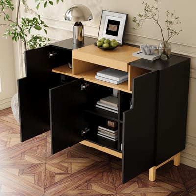 DESMIU Dressoir - Minimalistisch Opbergmeubel Met 3 Deuren En Open Vak - Voor Woonkamer Slaapkamer En Hal - Spaanplaat - 120,5x42x96 Cm - Zwart
